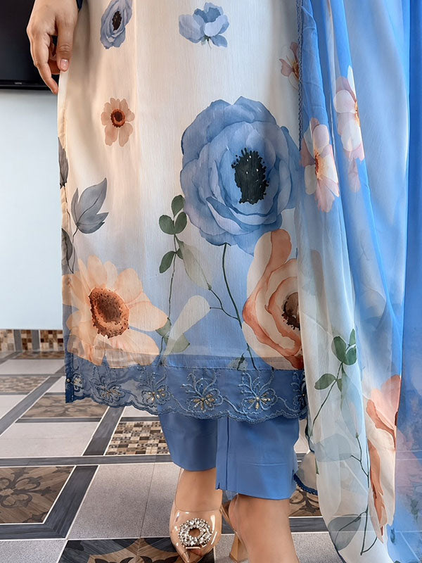 Blue Floral Chiffon Anarkali Kurti Pant With Dupatta