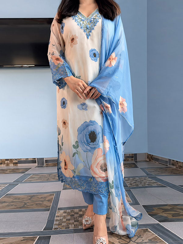 Blue Floral Chiffon Anarkali Kurti Pant With Dupatta