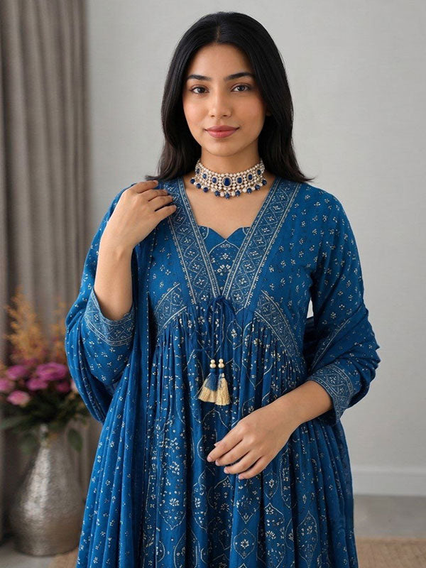 Blue Printed Pure Cotton Anarkali Kurti Pant With Dupatta