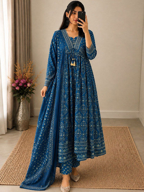 Blue Printed Pure Cotton Anarkali Kurti Pant With Dupatta