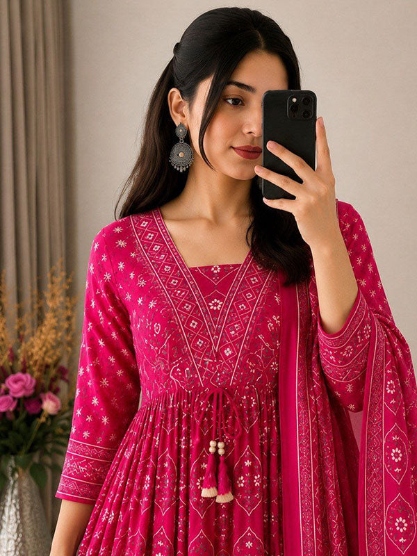 Pink Printed Pure Cotton Anarkali Kurti Pant With Dupatta