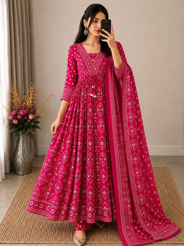 Pink Printed Pure Cotton Anarkali Kurti Pant With Dupatta