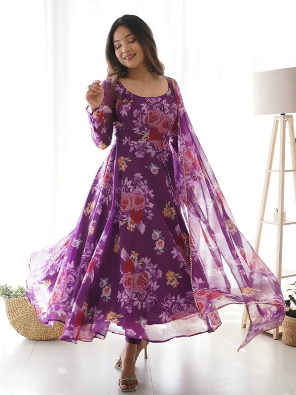 Purple Organza Printed Anarkali Gown With Pant & Dupatta Set
