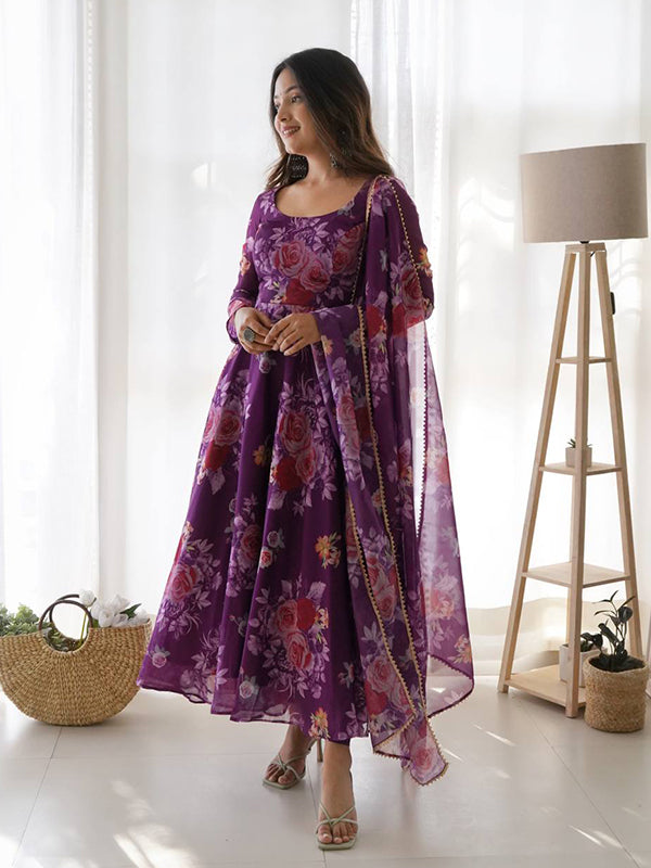 Purple Organza Printed Anarkali Gown With Pant & Dupatta Set