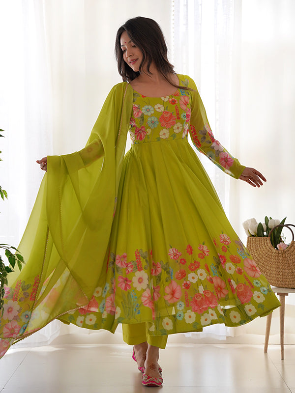 Flower Green Printed Anarkali Gown With Pant & Dupatta Set