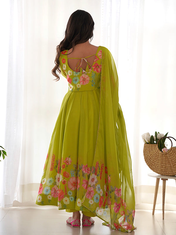 Flower Green Printed Anarkali Gown With Pant & Dupatta Set