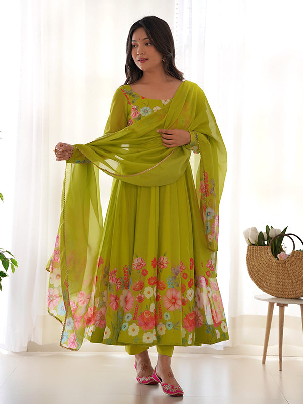 Flower Green Printed Anarkali Gown With Pant & Dupatta Set