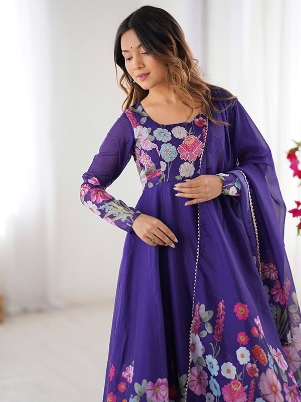 Flower Purple Printed Anarkali Gown With Pant & Dupatta Set