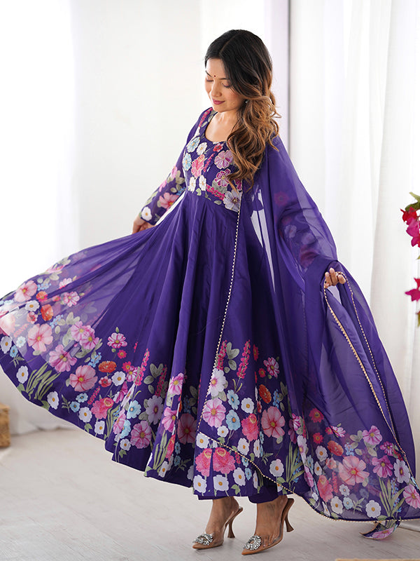 Flower Purple Printed Anarkali Gown With Pant & Dupatta Set