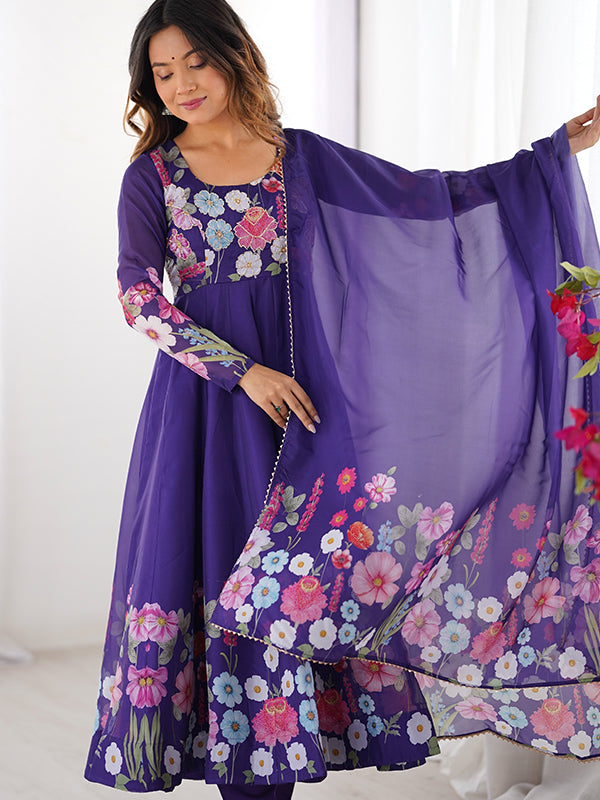 Flower Purple Printed Anarkali Gown With Pant & Dupatta Set