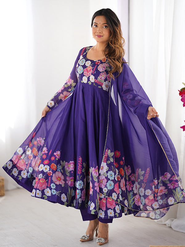 Flower Purple Printed Anarkali Gown With Pant & Dupatta Set