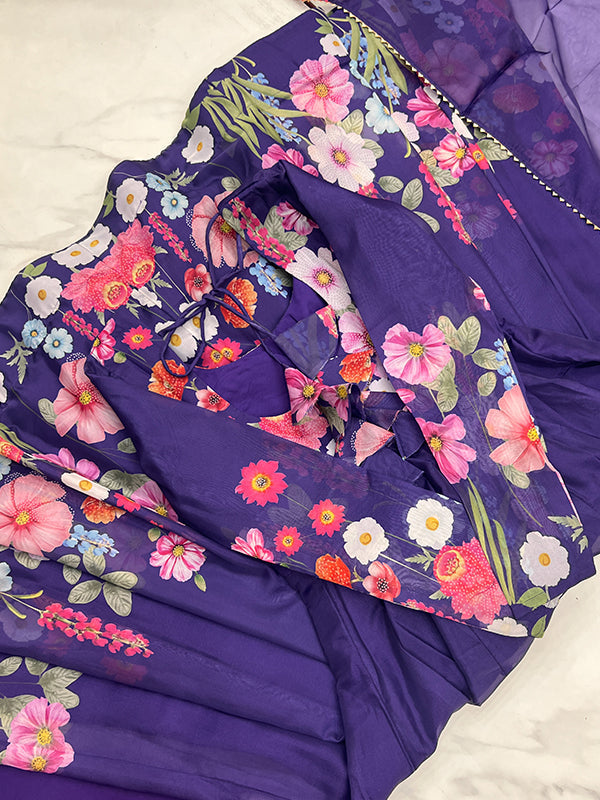 Flower Purple Printed Anarkali Gown With Pant & Dupatta Set