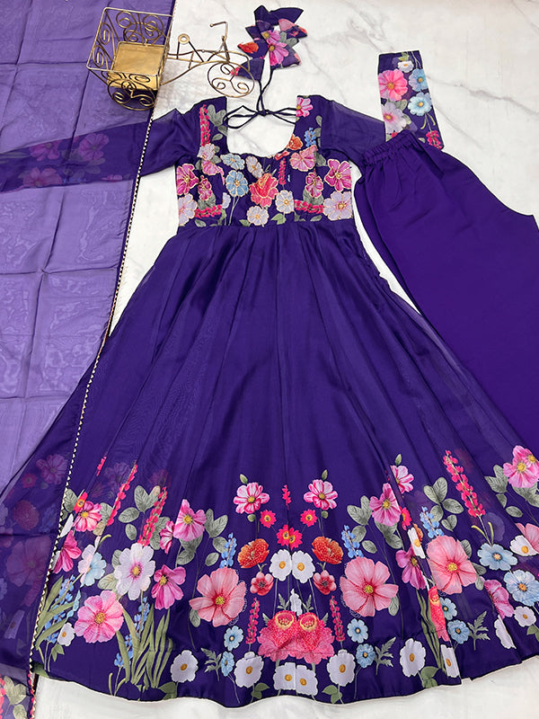 Flower Purple Printed Anarkali Gown With Pant & Dupatta Set