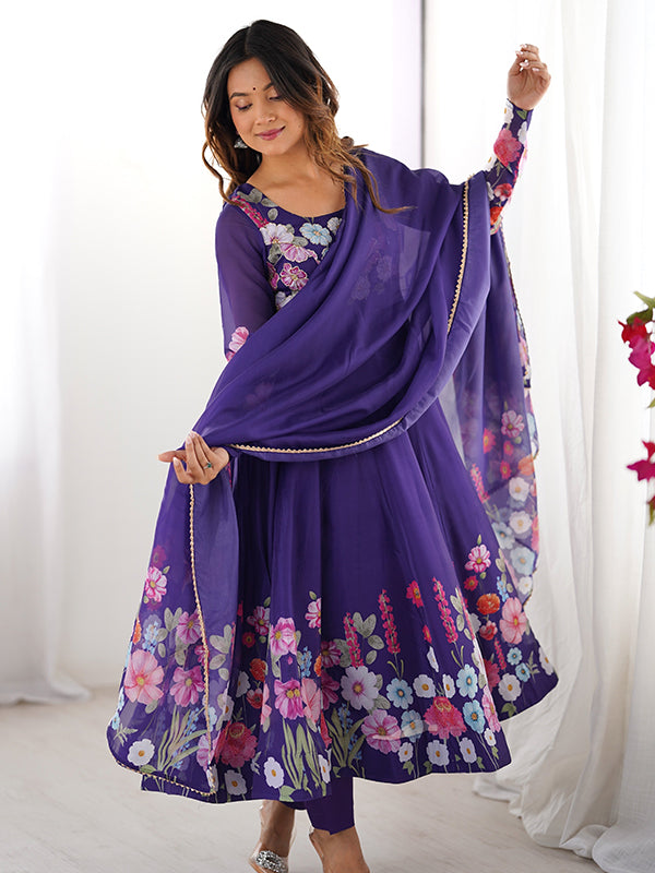 Flower Purple Printed Anarkali Gown With Pant & Dupatta Set