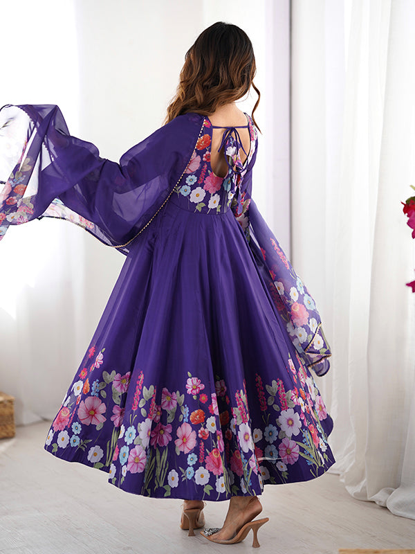 Flower Purple Printed Anarkali Gown With Pant & Dupatta Set