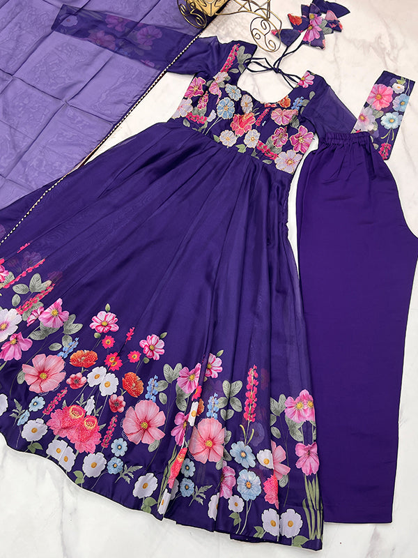 Flower Purple Printed Anarkali Gown With Pant & Dupatta Set
