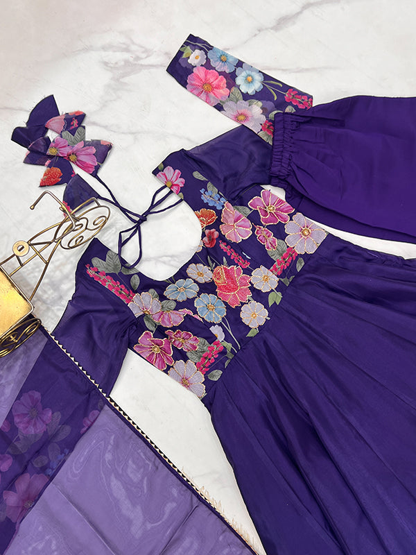 Flower Purple Printed Anarkali Gown With Pant & Dupatta Set