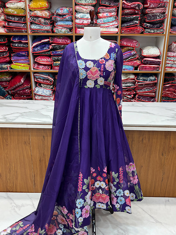 Flower Purple Printed Anarkali Gown With Pant & Dupatta Set