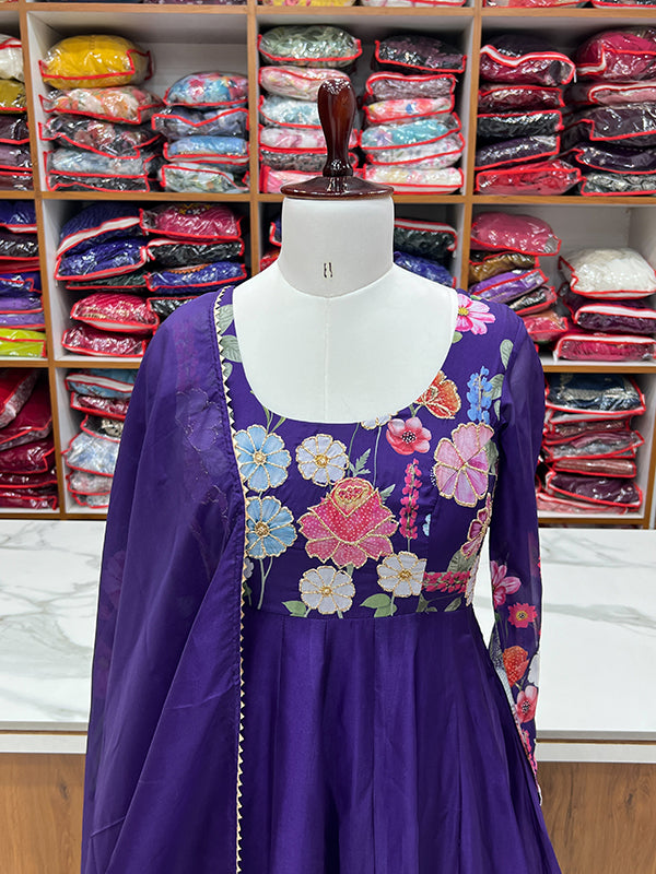 Flower Purple Printed Anarkali Gown With Pant & Dupatta Set