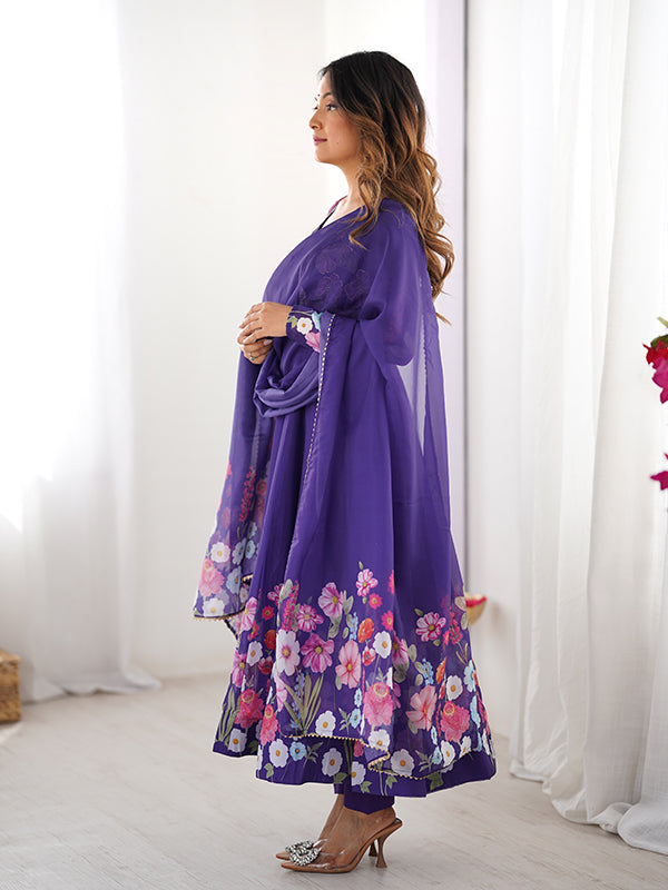 Flower Purple Printed Anarkali Gown With Pant & Dupatta Set
