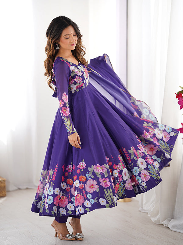 Flower Purple Printed Anarkali Gown With Pant & Dupatta Set