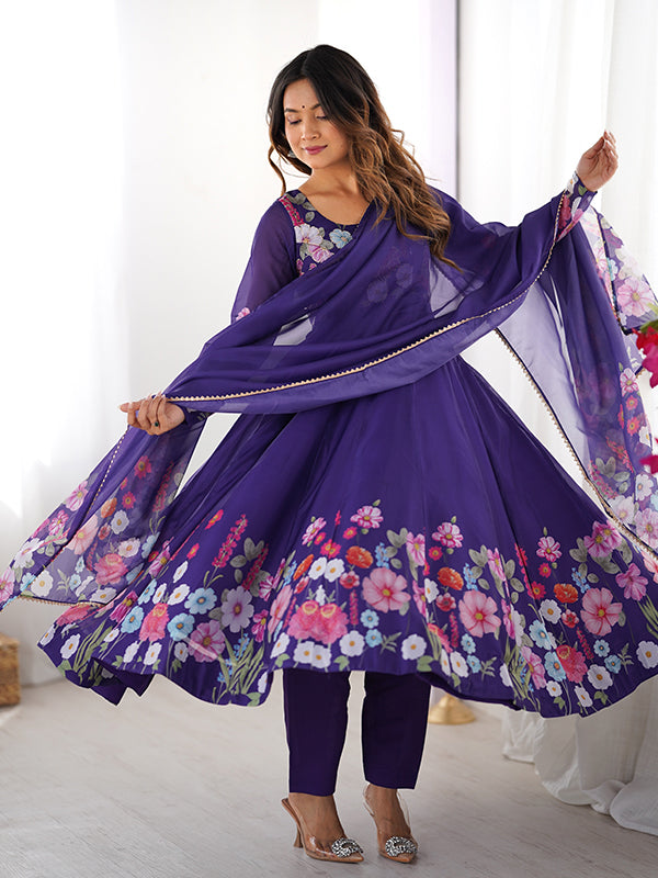Flower Purple Printed Anarkali Gown With Pant & Dupatta Set