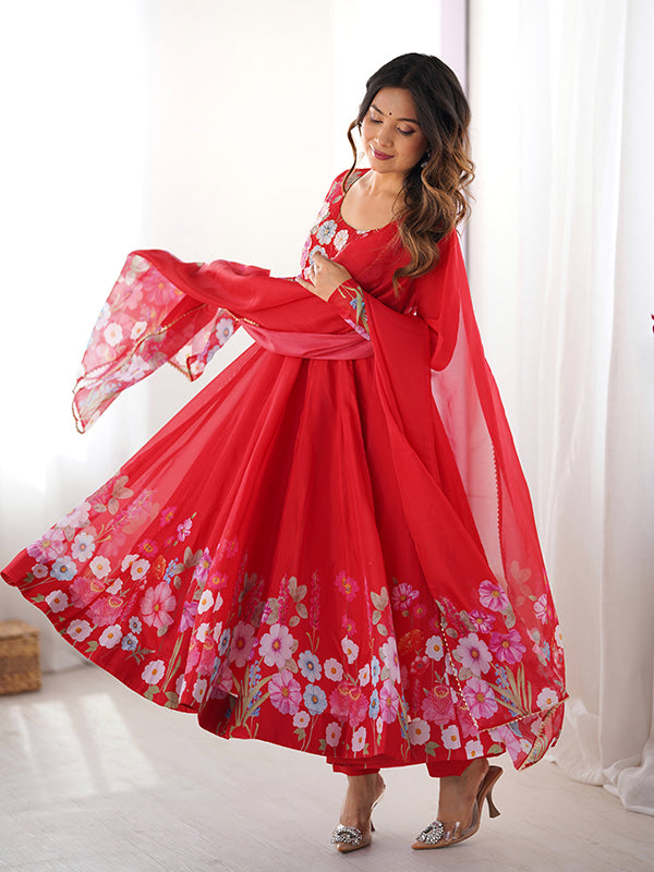 Flower Red Printed Anarkali Gown With Pant & Dupatta Set