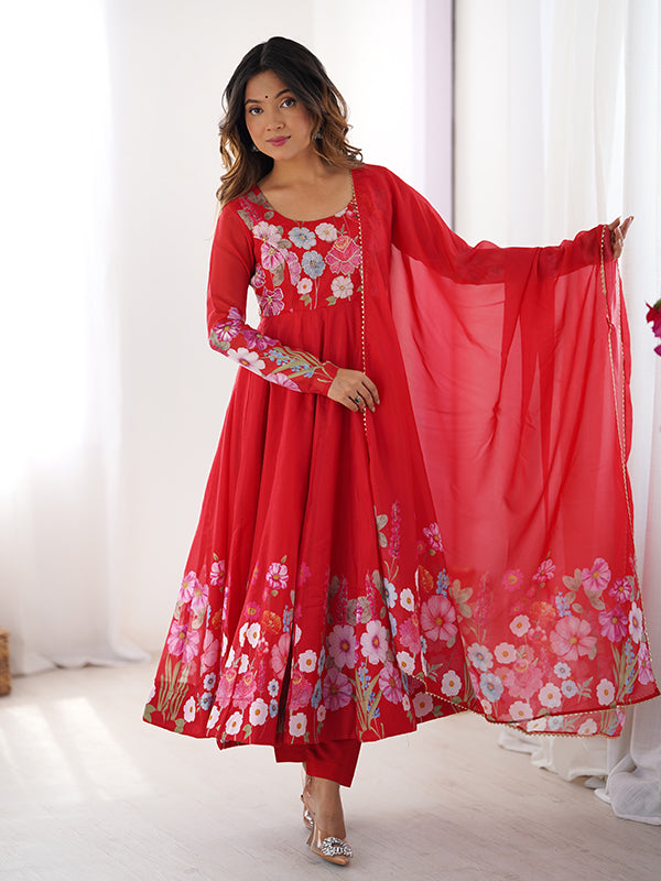 Flower Red Printed Anarkali Gown With Pant & Dupatta Set