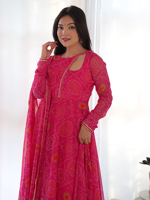 Neck Bandhej Chiffon Printed Anarkali Kurti With Pant & Dupatta Set