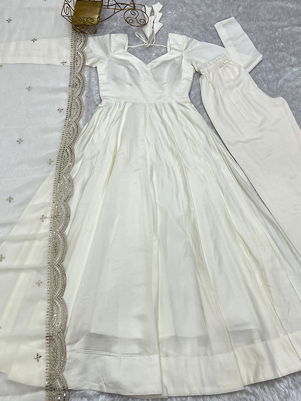 Chanderi Silk Off White Anarkali Gown With Pant & Dupatta Set