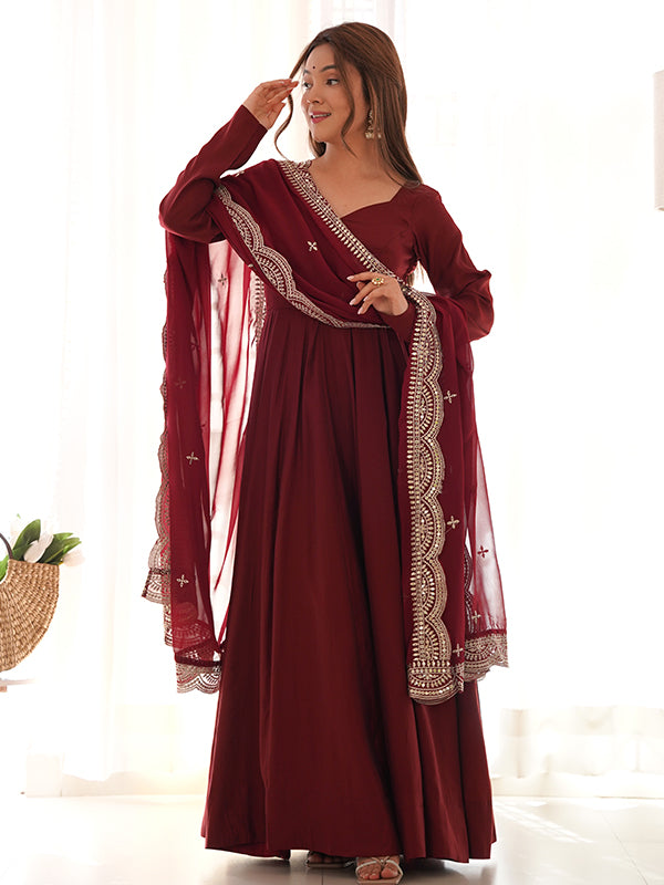 Chanderi Silk Maroon Anarkali Gown With Pant & Dupatta Set