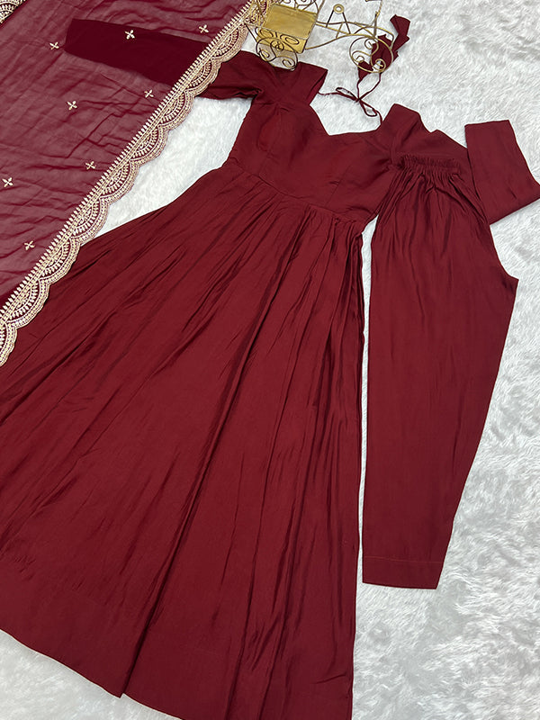 Chanderi Silk Maroon Anarkali Gown With Pant & Dupatta Set