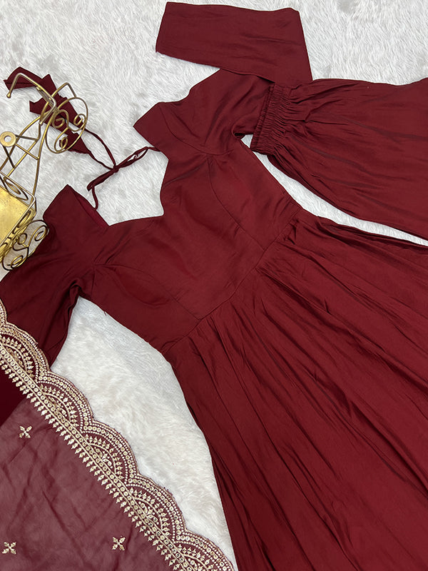 Chanderi Silk Maroon Anarkali Gown With Pant & Dupatta Set