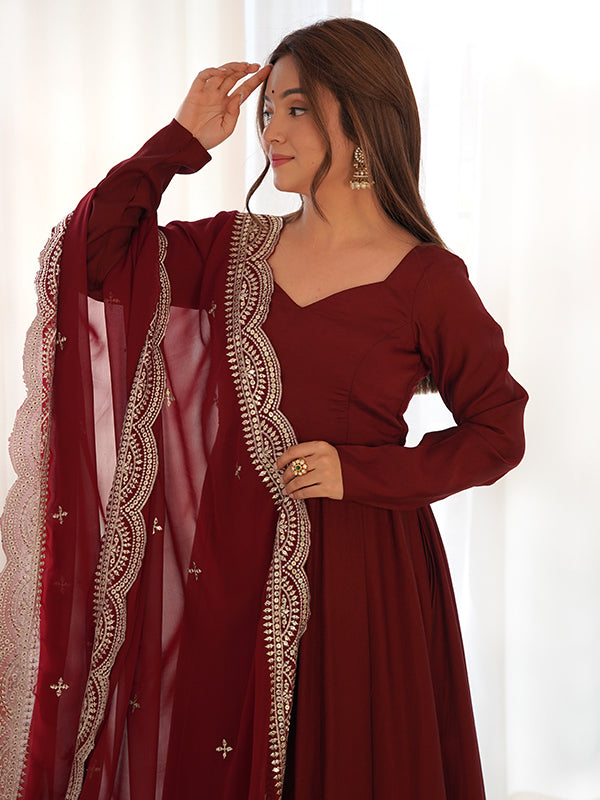 Chanderi Silk Maroon Anarkali Gown With Pant & Dupatta Set