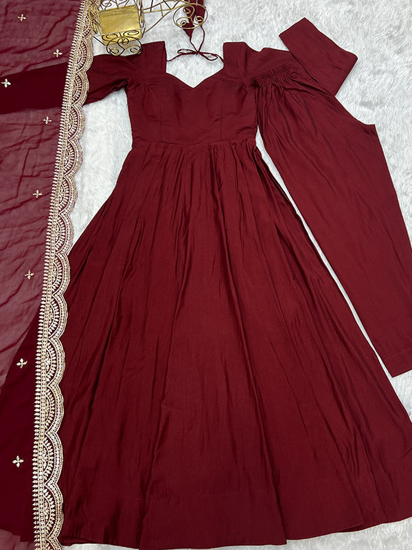 Chanderi Silk Maroon Anarkali Gown With Pant & Dupatta Set