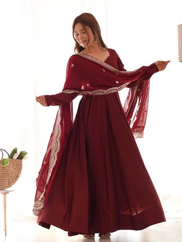 Chanderi Silk Maroon Anarkali Gown With Pant & Dupatta Set