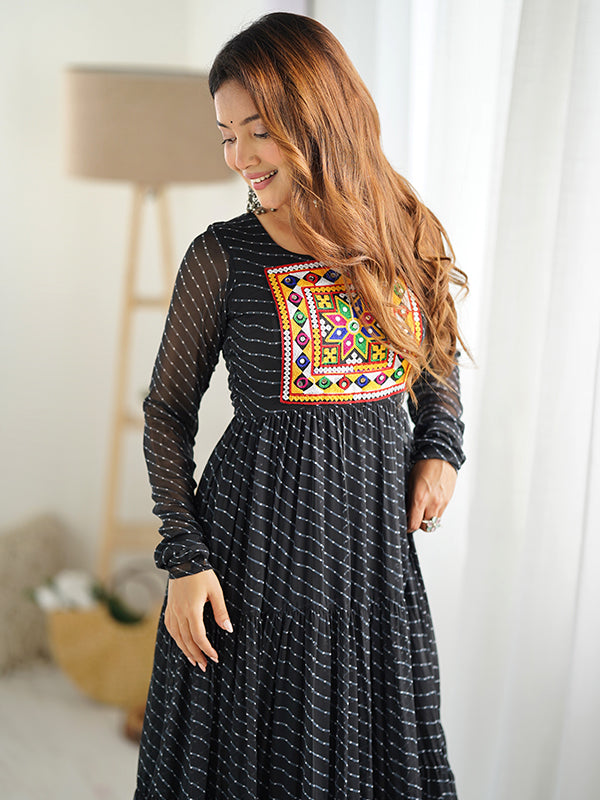 Black Layered Embroidered & Printed Anarkali Gown