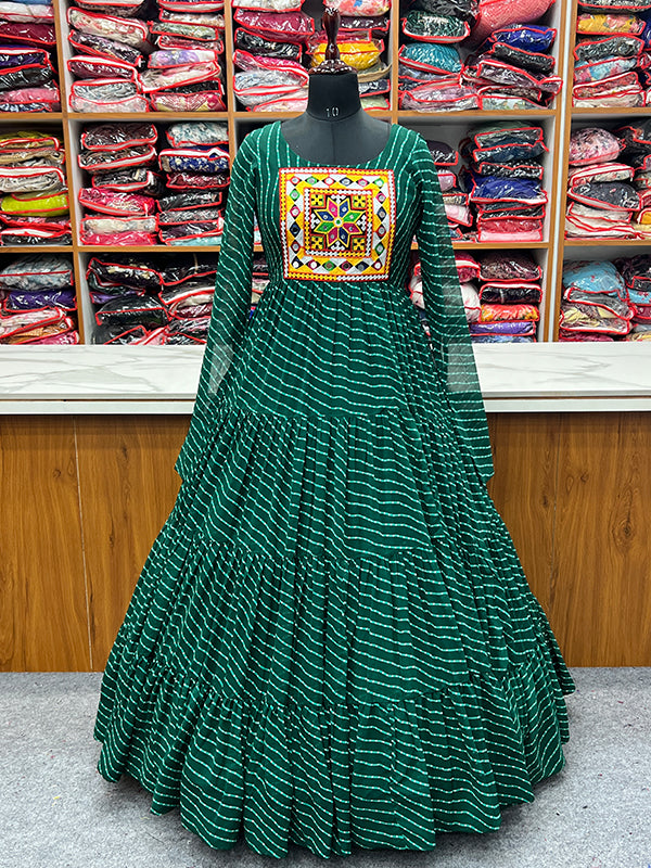 Layered Bottle Green Embroidered & Printed Anarkali Gown