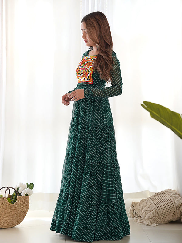 Layered Bottle Green Embroidered & Printed Anarkali Gown