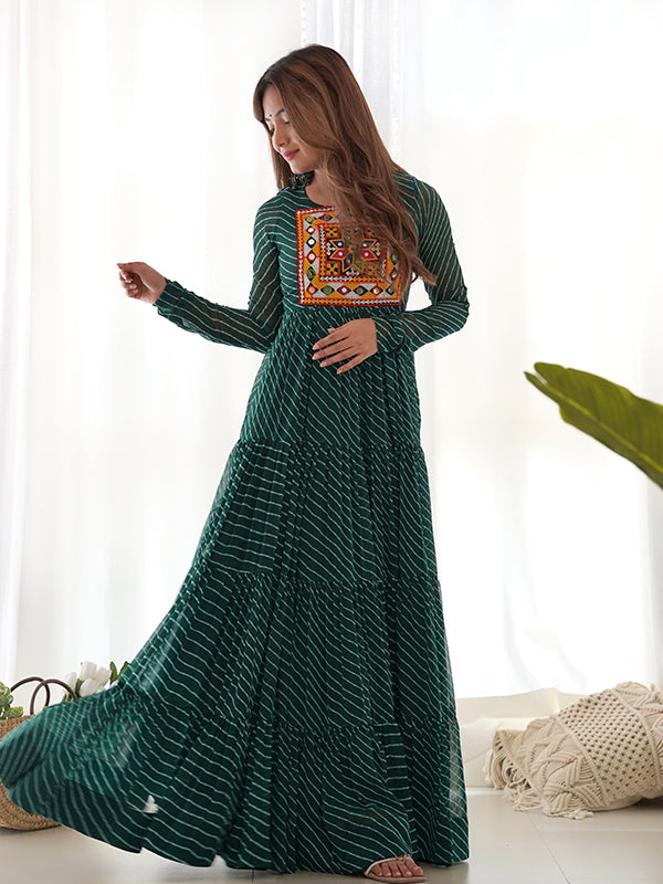 Layered Bottle Green Embroidered & Printed Anarkali Gown