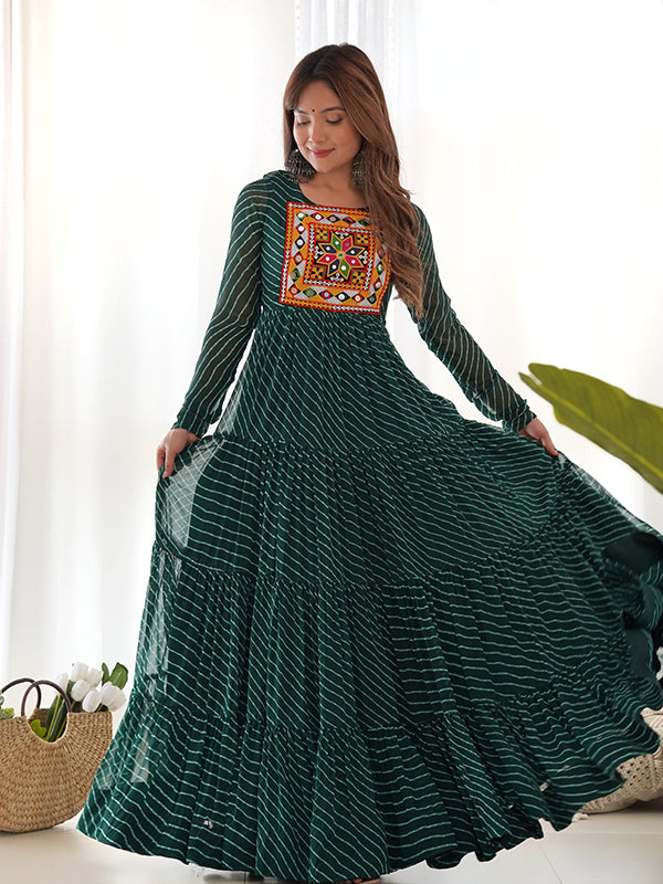 Layered Bottle Green Embroidered & Printed Anarkali Gown
