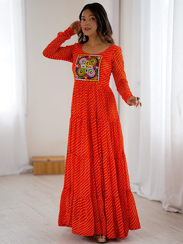 Orange Layered Embroidered & Printed Anarkali Gown