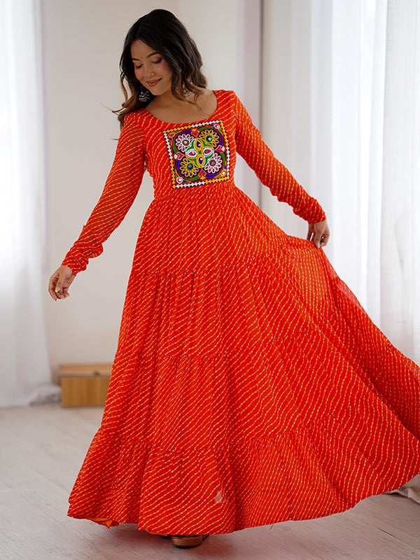Orange Layered Embroidered & Printed Anarkali Gown