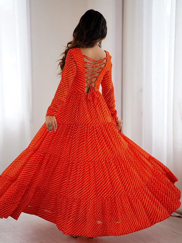 Orange Layered Embroidered & Printed Anarkali Gown