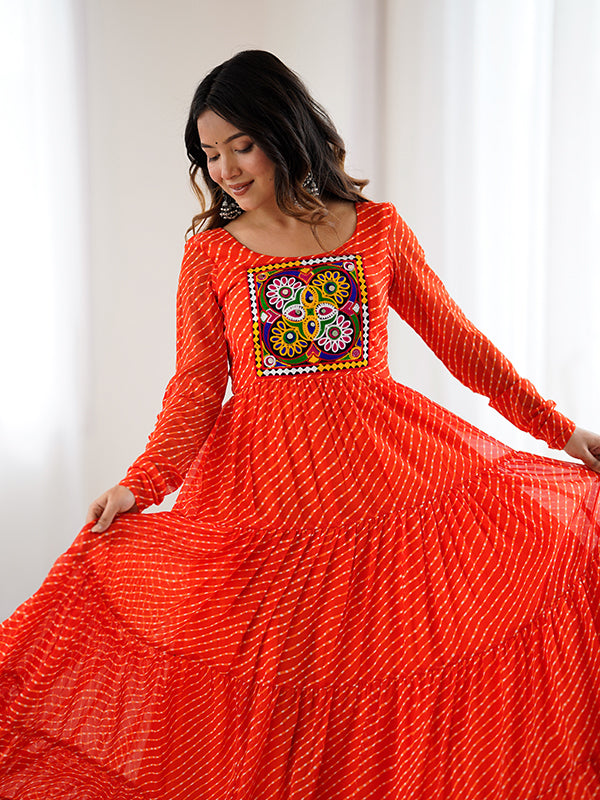 Orange Layered Embroidered & Printed Anarkali Gown