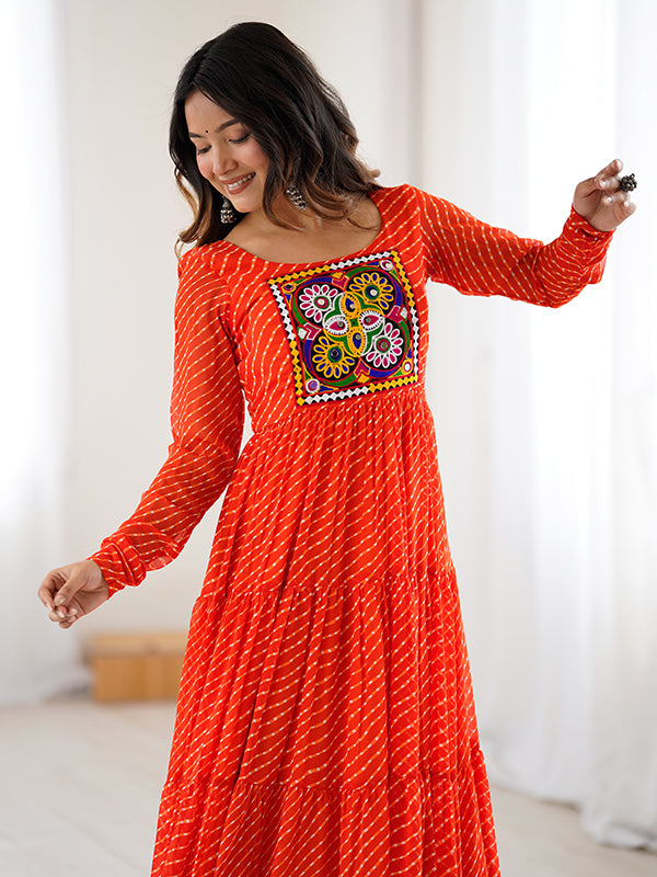 Orange Layered Embroidered & Printed Anarkali Gown