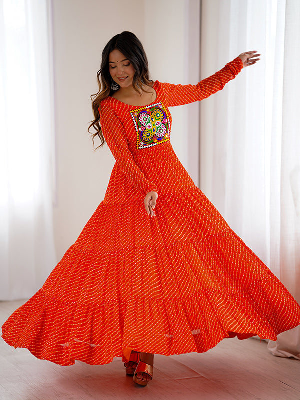 Orange Layered Embroidered & Printed Anarkali Gown
