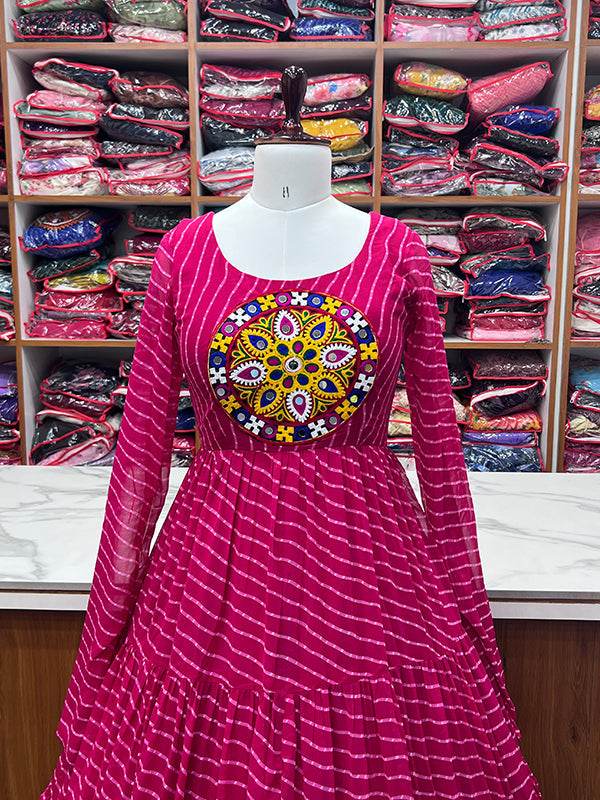 Rani Pink Layered Embroidered & Printed Anarkali Gown