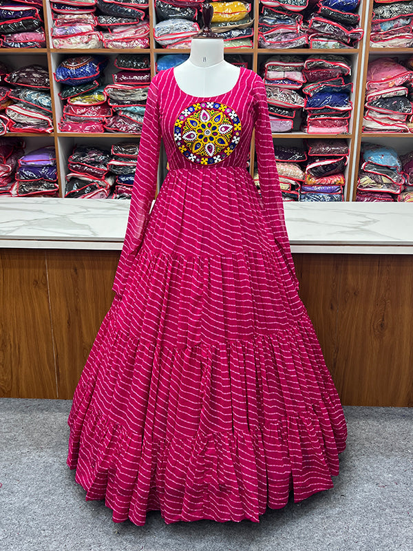 Rani Pink Layered Embroidered & Printed Anarkali Gown