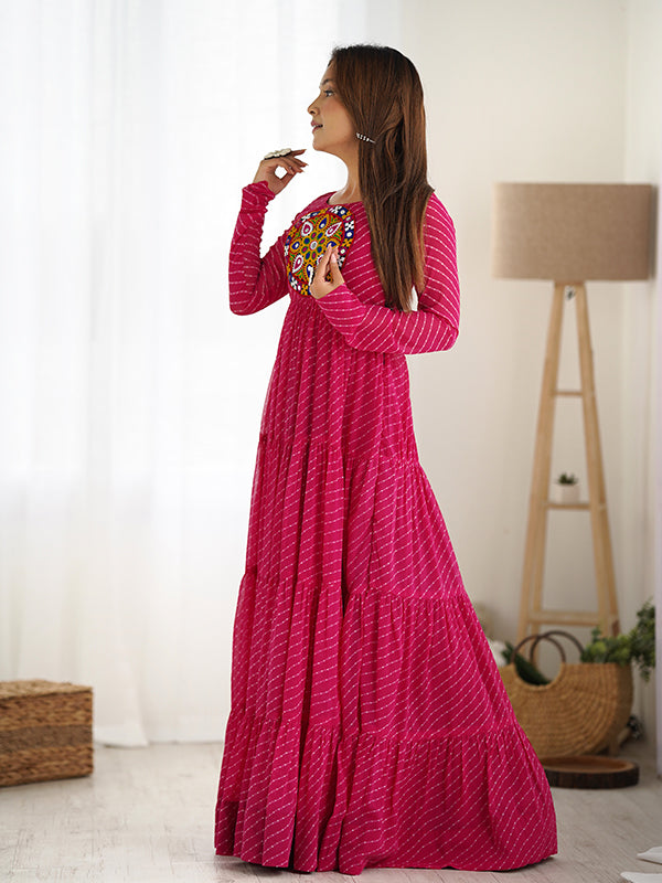 Rani Pink Layered Embroidered & Printed Anarkali Gown